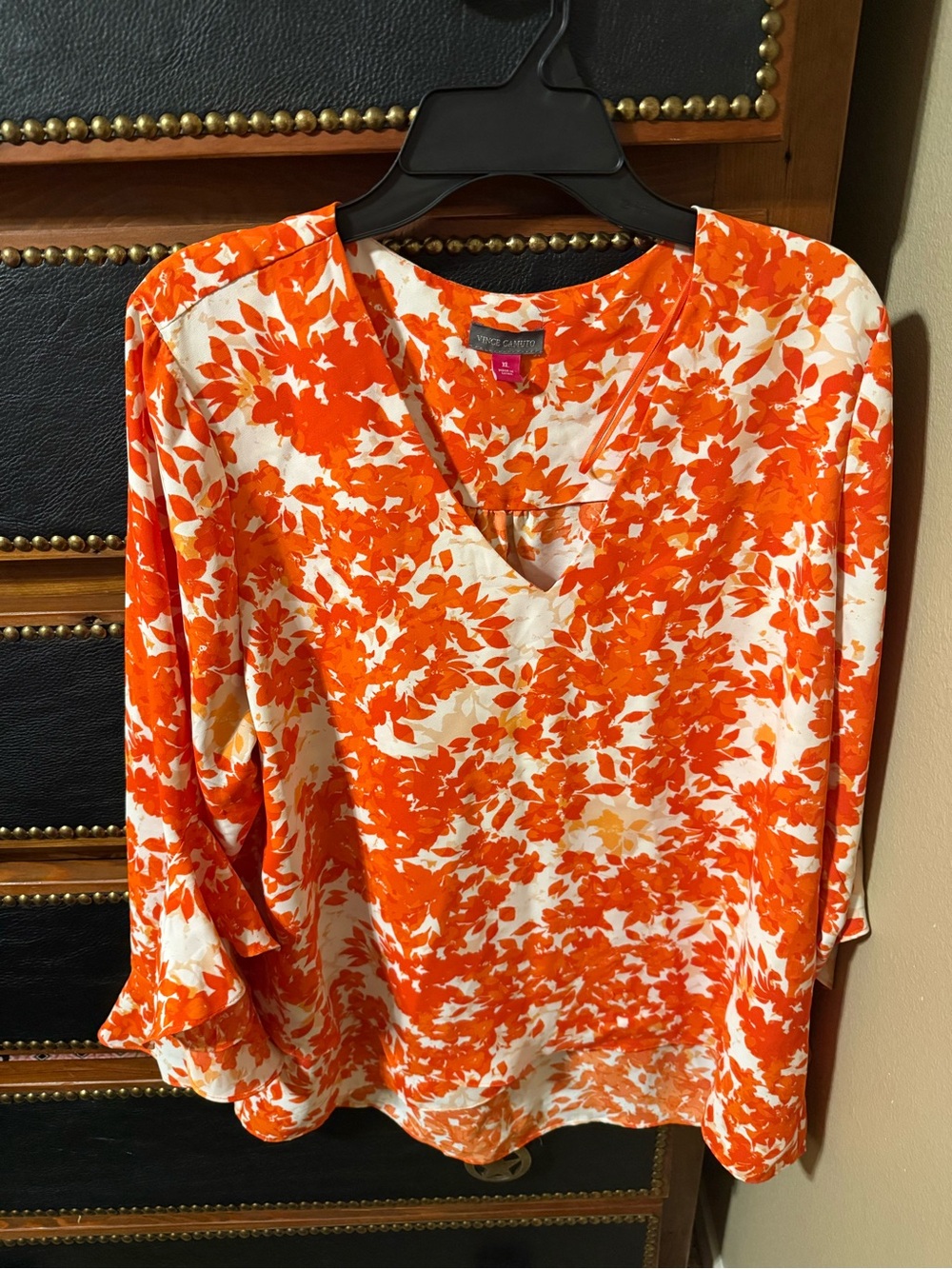 Vince Camuto Orange and White Floral V-Neck Blouse